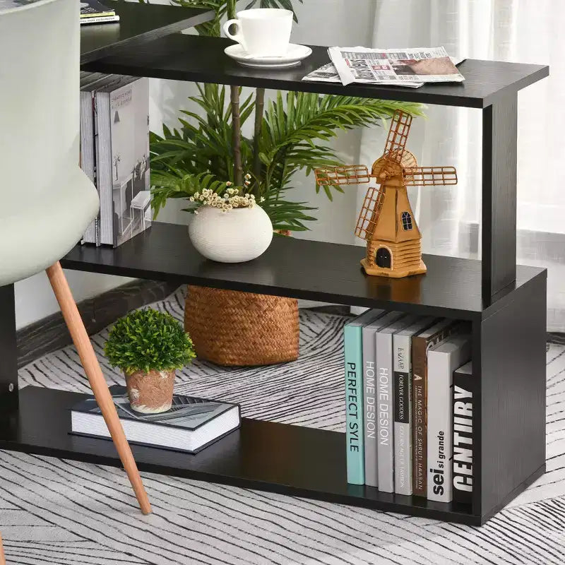 Bureau d'angle en L rotatif à 360° pour la maison et le bureau, avec étagères de rangement, table d'écriture, poste de travail, noir