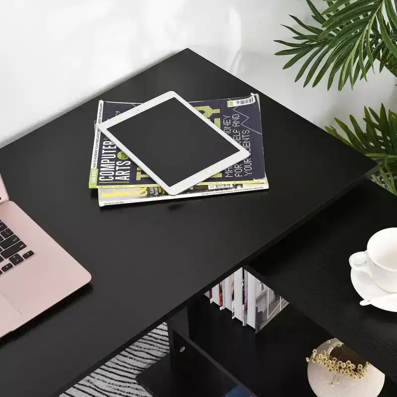 Bureau d'angle en L rotatif à 360° pour la maison et le bureau, avec étagères de rangement, table d'écriture, poste de travail, noir