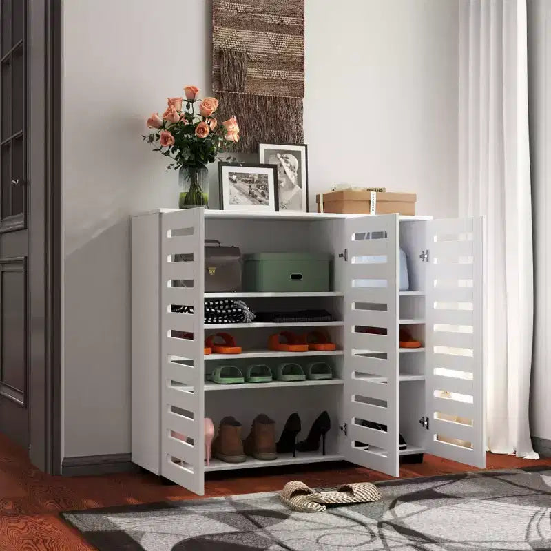 Meuble de rangement à chaussures en bois à 5 niveaux avec étagères réglables, range-chaussures à porte persiennée, organisateur de chaussures multi-scènes pour les espaces de vie de la maison