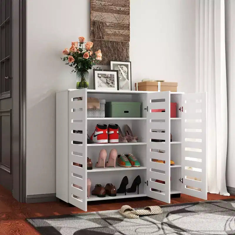 Meuble de rangement à chaussures en bois à 5 niveaux avec étagères réglables, range-chaussures à porte persiennée, organisateur de chaussures multi-scènes pour les espaces de vie de la maison
