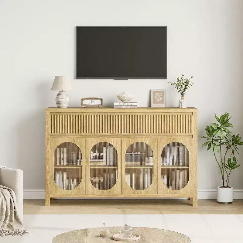 Grand buffet bahut de 55" avec rangements et 2 tiroirs cannelés, meuble de rangement pour bar à café, pour salle à manger, salon, cuisine