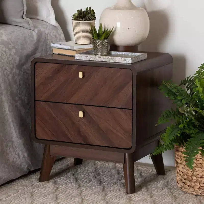 Table de chevet à 2 tiroirs en bois Noyer brun : Meuble de chevet élégant, Panneau de particules MDF