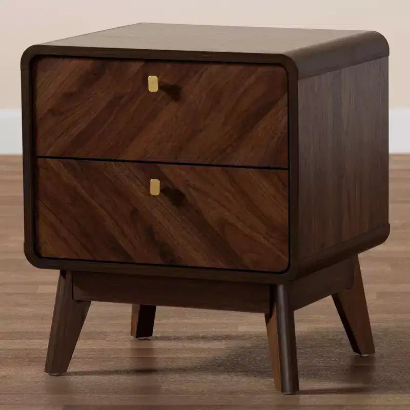 Table de chevet à 2 tiroirs en bois Noyer brun : Meuble de chevet élégant, Panneau de particules MDF