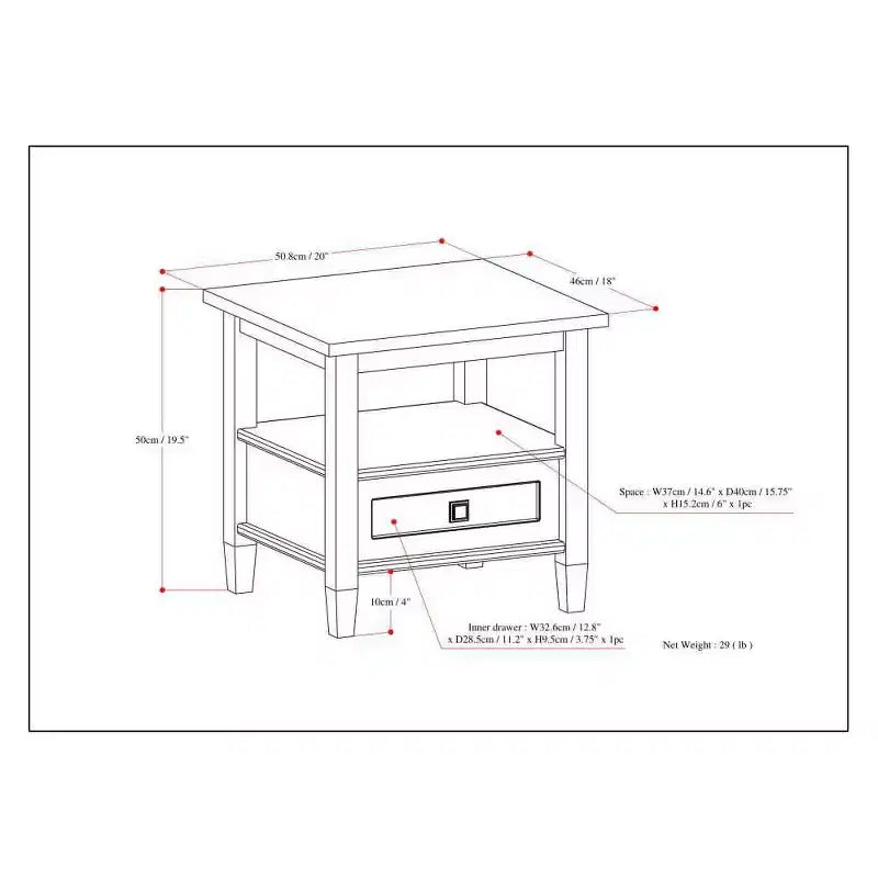 Table d'appoint gris brouillard : style transitionnel, pin, tiroir de rangement, capacité de 22,7 kg