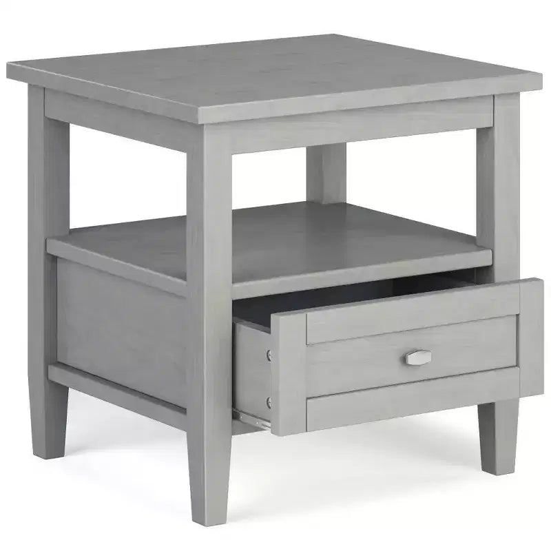 Table d'appoint gris brouillard : style transitionnel, pin, tiroir de rangement, capacité de 22,7 kg