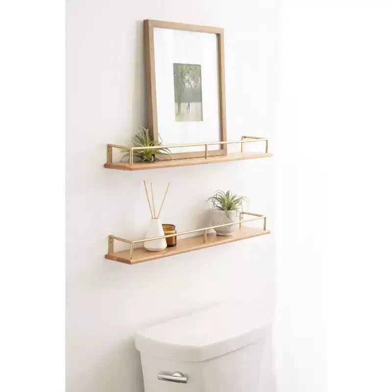 Étagère flottante rectangulaire en bois, lot de 2, 60 cm, naturel et doré