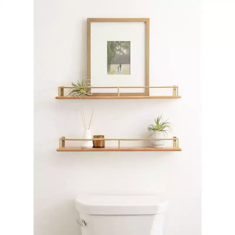 Étagère flottante rectangulaire en bois, lot de 2, 60 cm, naturel et doré